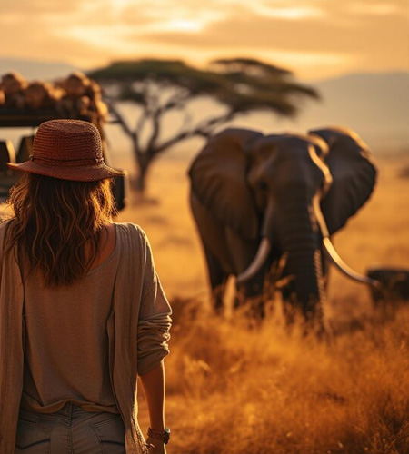 girl seeing an elephant in jungle